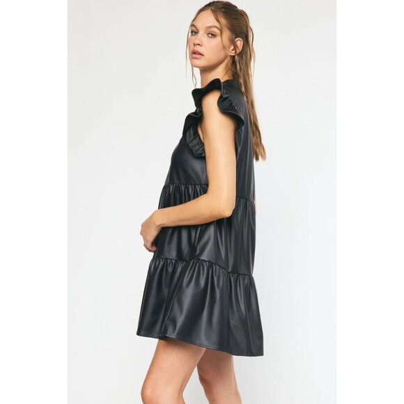 entro Dresses & Skirts - Entro Black Faux Leather Tiered Ruffle Sleeve V-neck Mini Dress Size Medium